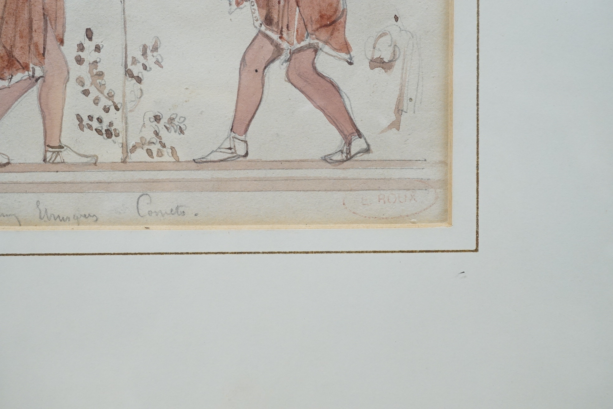 Emile Roux (1822-1915), watercolour, Classical figures playing instruments, inscribed in pencil with artist's studio stamp, Abbott & Holder gallery label verso, 12 x 15cm. Condition - fair to good